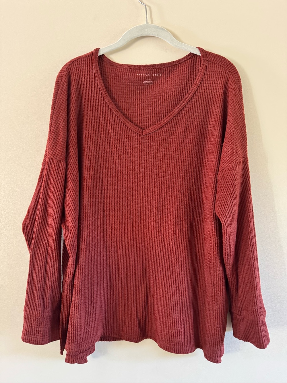 American Eagle Outfitters Waffle Knit V‑Neck Long Sleeve Top